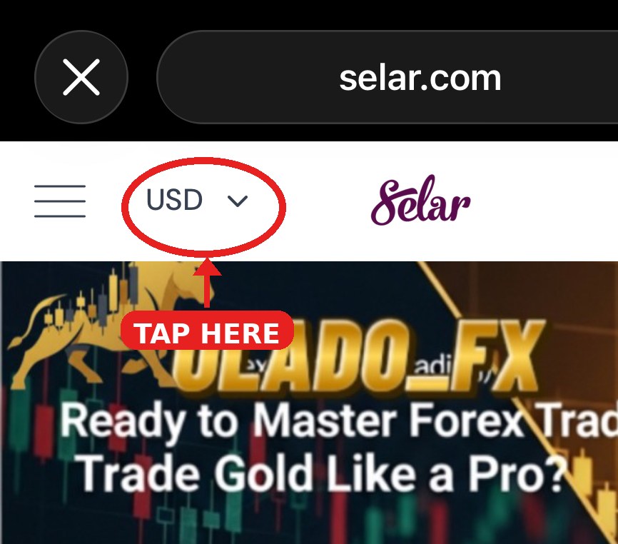 Tap the USD currency switcher in top-left corner