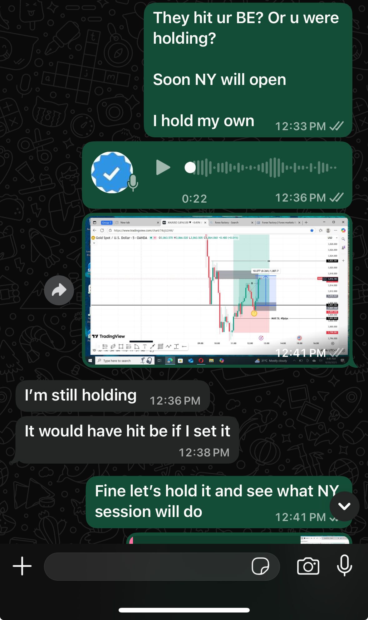 WhatsApp coaching — student holding trade waiting for NY session, Max SL 40 pips chart