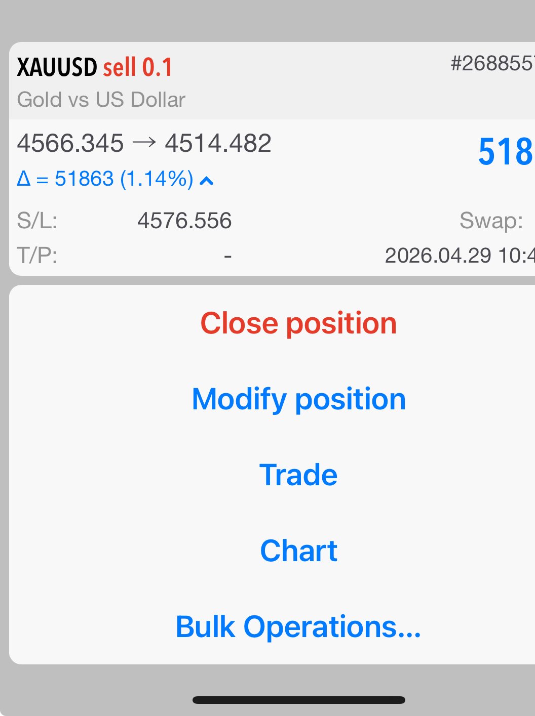 MT5 ticket — XAUUSD sell 0.1 lot, +518 profit, 1.14% closed P/L