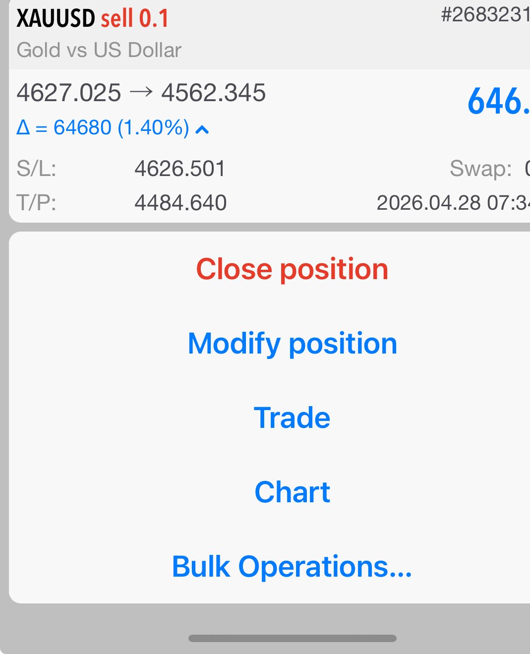 MT5 closed ticket — XAUUSD sell 0.1 lot, 4627 to 4562, +646 profit